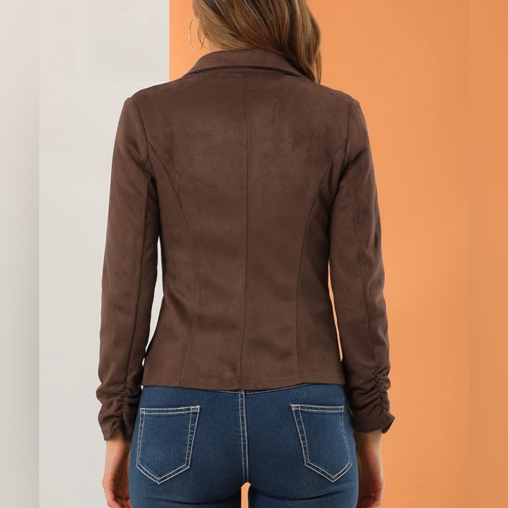 Women's Long Sleeve Casual Open Front Drawstring Faux Suede Blazer - Picture 11 of 12